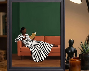 Melanin Woman Reading Book Red Wine Striped Dress Emerald Green Wall Art Print