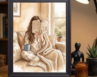 Cozy Woman Reading Book Wall Art, Warm Watercolor Print for Book Lovers
