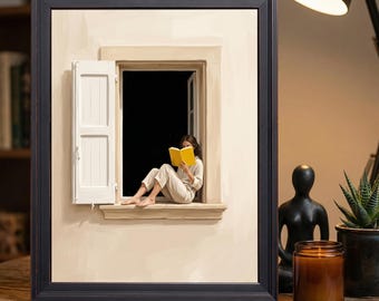 Cozy Window Nook Reading Print: Minimalist Oil Painting, Beige Woman Yellow Book Wall Art