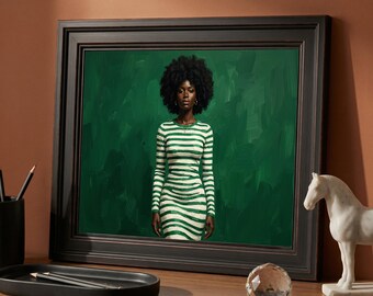 Emerald Green Textured Background Melanin Woman Striped Dress Wall Art Print