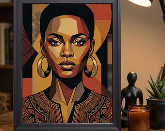 Modern Cubist Melanin Lady Big Gold Hoop Earrings Boho Wall Decor Poster