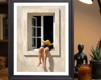 Neutral White Window Reader With Yellow Book Minimal Oil Painting Wall Art Print