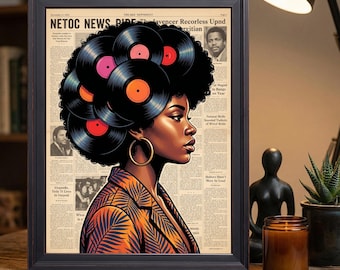70s Style Vinyl Afro Woman Art, Tropical Shirt Newspaper Wall Poster