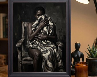Dark Moody Oil Painting Melanin Woman Swirl Blanket Wooden Chair Wall Art Print