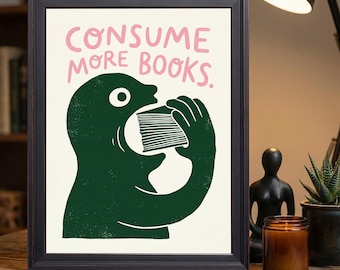 Consume More Books Funny Abstract Reader Linocut Art Green Pink Library Wall Art Print