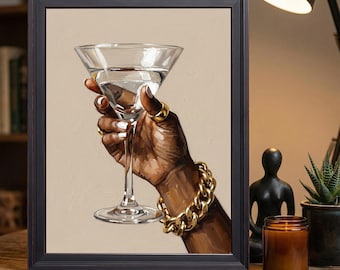 Modern Cocktail Art, Black Hand with Gold Chain Martini Wall Poster