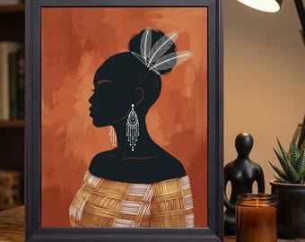 Terracotta African Woman Silhouette White Feather Wall Art Print