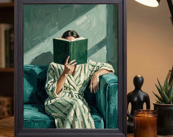 Woman Reading Green Book Wall Art, Teal Couch Oil Painting Print