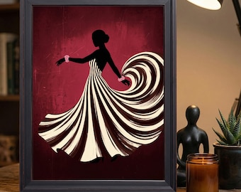 Abstract Flamenco Dancer Silhouette Wall Art, Red and Brown Striped Dress Print