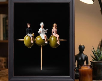 Three Dolls on Cocktail Olives Wall Print, Whimsical Home Decor