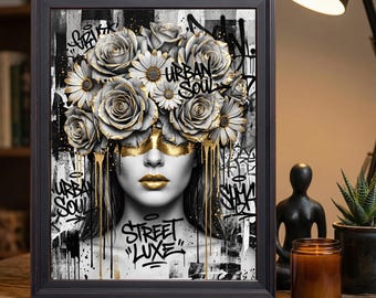 Gold Lips Woman with Flower Crown Wall Print, Modern Urban Luxe Graffiti Decor