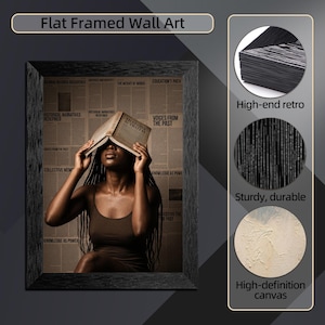 May include: A flat framed wall art piece featuring a person holding an open book over their face against a background of printed text. The black frame has a textured finish. Circular insets show the black frame detail and the textured canvas.