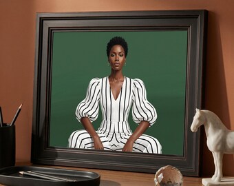 Dark Green Background Melanin Woman Black White Striped Suit Wall Art Print