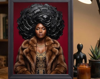 Luxe Black Woman Thick Textured Afro Fur Coat Red Background Wall Art Print