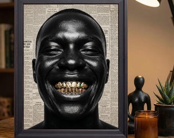 Black Man Gold Grillz Newspaper Background Urban Hip Hop Wall Art Print
