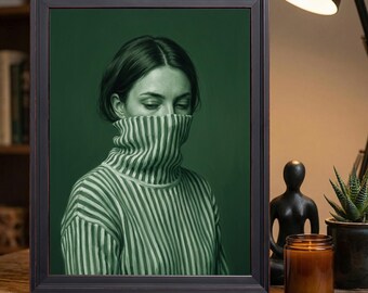 Monochrome Green Portrait Woman Striped Turtleneck Sweater Moody Oil Painting Wall Art Print