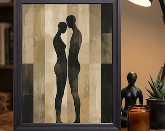 Abstract Couple Silhouette Wall Art, Neutral Beige and Black Minimalist Print