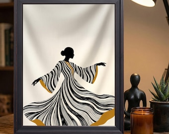 Abstract Dancer Silhouette Wall Art, Black and Gold Minimalist Line Art Print