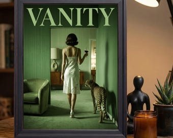 Vintage Green Hotel Room Lady White Lace Slip Dress Cheetah Wall Decor Poster
