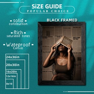 May include: A black framed wall art print featuring a person holding an open book over their face against a background of newspaper text. The image includes text labels: SIZE GUIDE, POPULAR CHOICE, BLACK FRAMED, solid construction, Rich saturated tones, WATEPROOF Canvas, and dimensions 24x36in, 20x30in, 16x20in, 12x16in, 8x10.