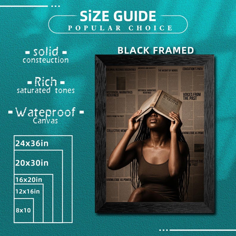May include: A black framed wall art print featuring a person holding an open book over their face against a background of newspaper text. The image includes text labels: SIZE GUIDE, POPULAR CHOICE, BLACK FRAMED, solid construction, Rich saturated tones, WATEPROOF Canvas, and dimensions 24x36in, 20x30in, 16x20in, 12x16in, 8x10.