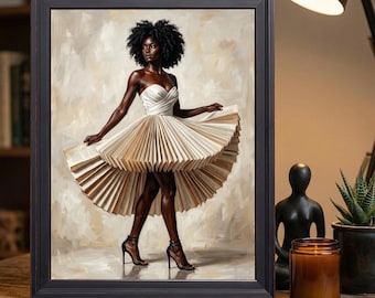 Modern Black Woman in Book Dress Wall Print, Empowering Book Lover Home Decor