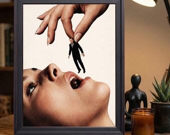 Surreal Giant Hand and Tiny Man Wall Art, Retro Collage Print