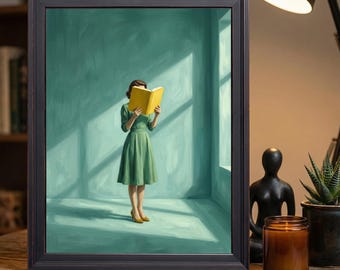Woman Reading Yellow Book in Teal Room Wall Art, Surreal Retro Oil Painting Print
