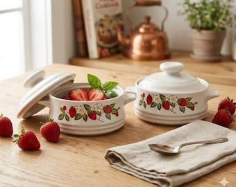 Vintage Strawberries n Cream Mini Casserole Dishes with lid  Set of 2 Japan Stoneware Berry Crocks