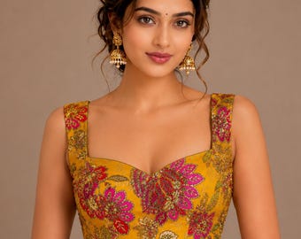 Mustard Yellow Floral Saree Blouse, Designer Sleeveless Indian Choli Top