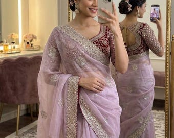 Moss Chiffon Lightweight Saree with Heavy Embroidered Red Designer Blouse, Indian Wedding Saree, Bridal Party Wear Saree, Ethnic Sari