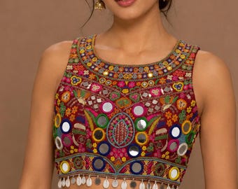 Handmade Kutchi Mirror Work Blouse for Women, Multicolor Gujarati Navratri Choli, Embroidered Blouse