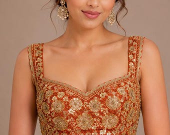 Orange Gold Embroidered Bridal Blouse, Sleeveless Designer Saree Choli, Sequins Wedding Crop Top