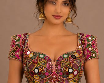 Handmade Kutchi Mirror Work Blouse, Navratri Garba Blouse, Multicolor Gujarati Choli, Boho Embroidered Saree Blouse