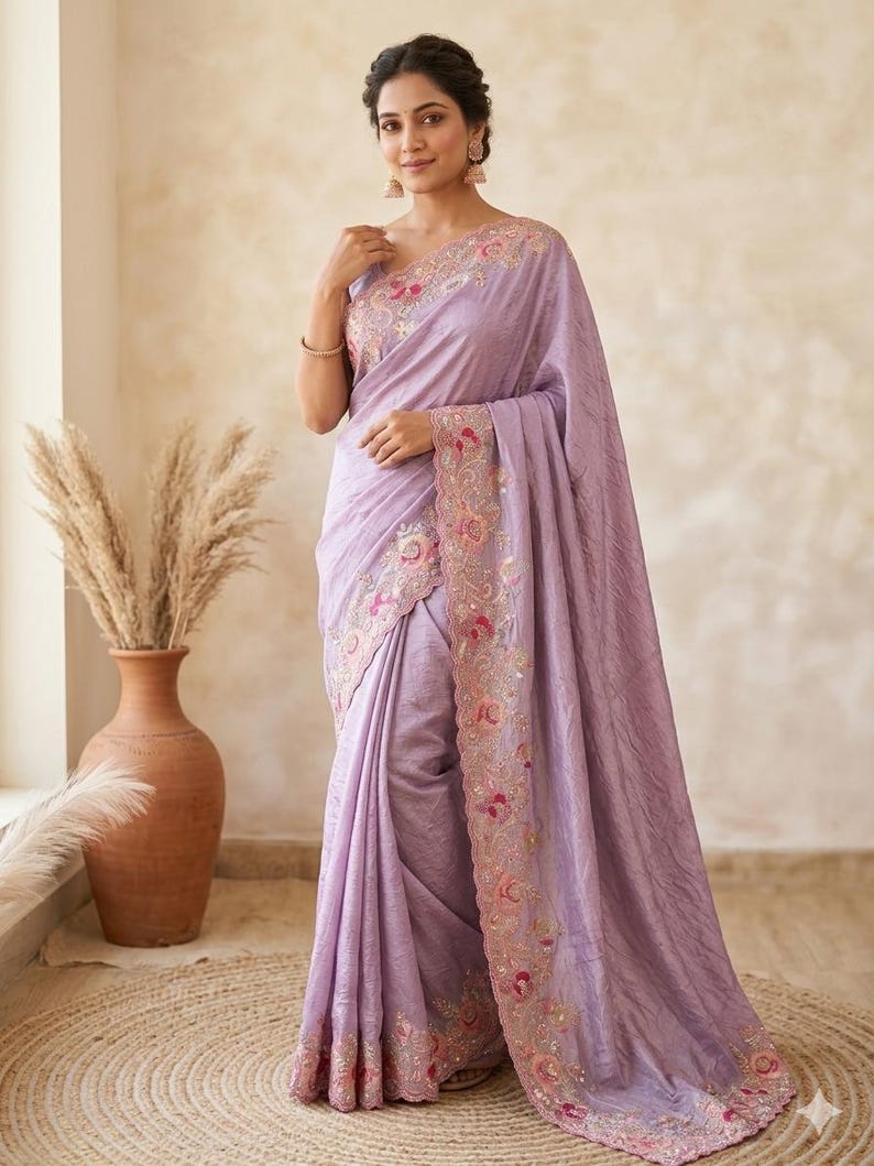 May include: A lavender-colored saree featuring intricate floral embroidery along the borders. The fabric has a subtle sheen and a textured appearance, with pink and orange floral motifs accented by delicate beadwork throughout the edges.