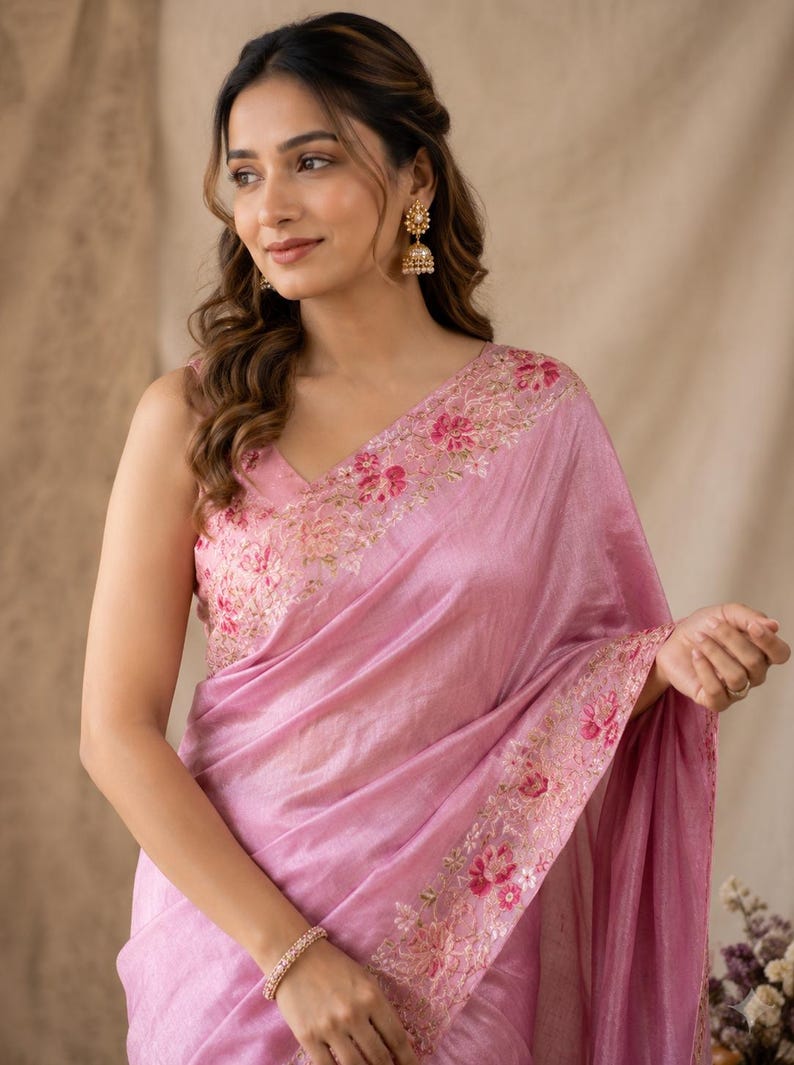 May include: A sleeveless light pink saree featuring a V-neckline and intricate floral embroidery along the borders. The fabric has a subtle sheen, and the embroidery consists of pink, red, and green thread work detailing various flower patterns.