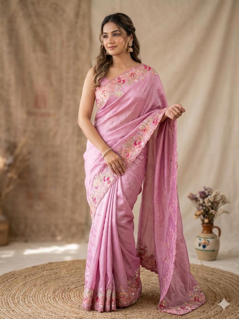 May include: A light pink sleeveless saree featuring intricate floral embroidery along the borders with metallic thread accents and small circular embellishments. The fabric has a subtle sheen and is draped over the shoulder, extending to the floor.