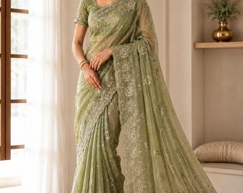 Designer Silk Saree: Heavy Zari Embroidery, Floral Motifs, Festive Party Wear