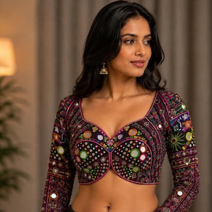 Kutchi Mirror Work Blus, Handgjord Gujarati Navratri Choli, Multicolor Festival Wear Lehenga Choli