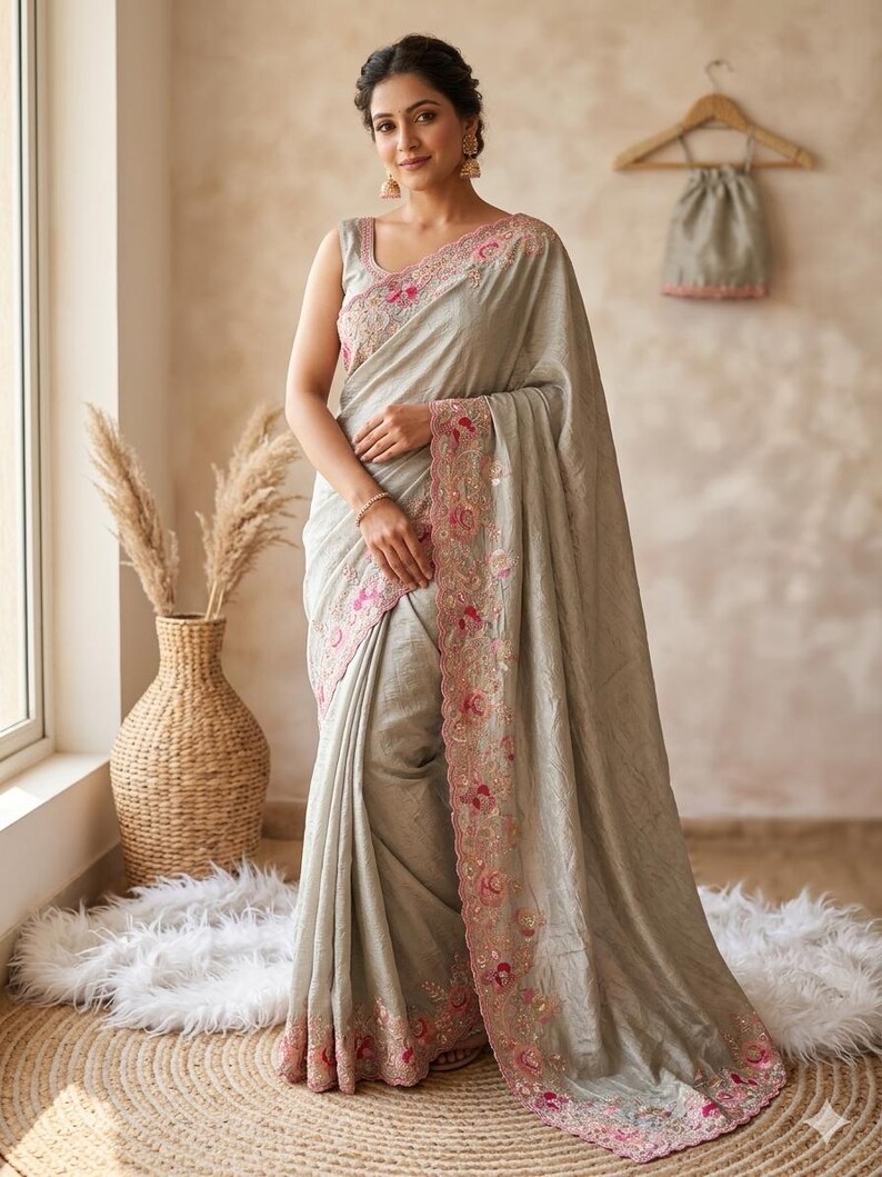 May include: A light gray sleeveless saree featuring a scalloped border with intricate pink and gold floral embroidery. The fabric has a subtle sheen, and the matching blouse is displayed on a wooden hanger in the background.