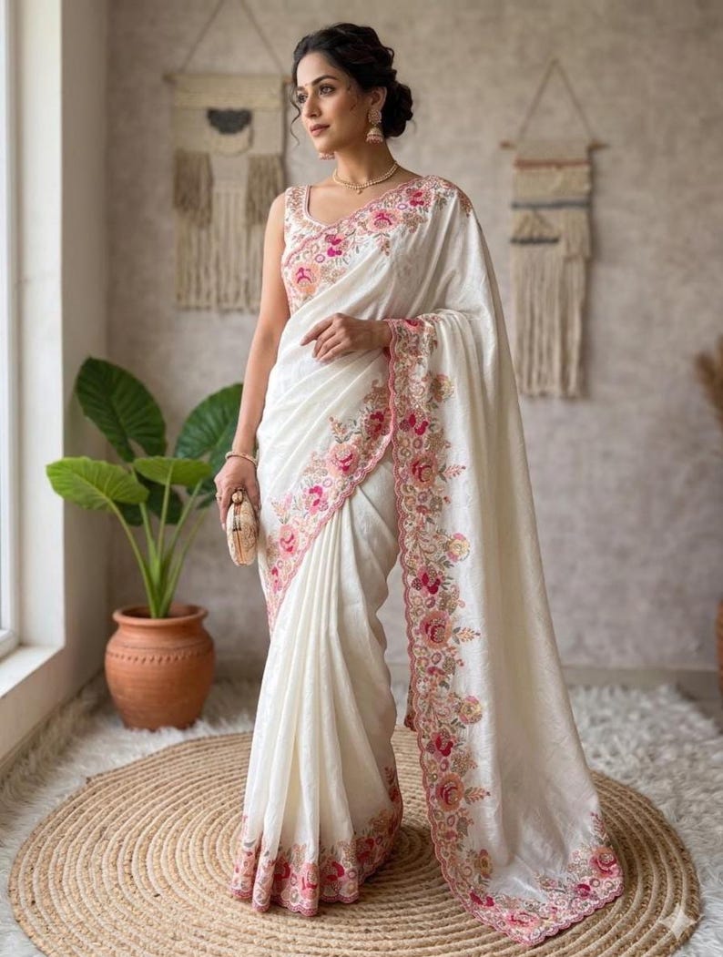 May include: A cream-colored saree featuring intricate floral embroidery in shades of pink, peach, and green along the borders and bodice. The garment includes a sleeveless blouse and a draped fabric panel with scalloped edges and detailed stitching.