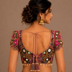 Handgjord Kutchi Mirror Work Blus, Navratri Garba Blus, Multicolor Gujarati Choli, Boho Broderad Saree Blus