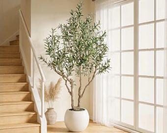 Artificial Olive Tree 7FT/8FT, Realistic Olives, Natural Wood Trunk, White Planter Decor