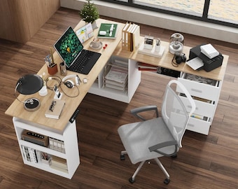 L-Shaped Standing Desk with Drawers and Shelves, 63" Adjustable Height Workstation