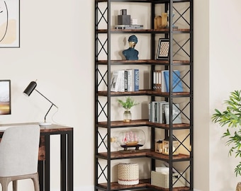 Industrial 7 Tier Corner Bookshelf, Rustic Wood Metal Bookcase, Space Saving Storage