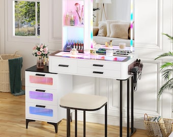 Modern LED Makeup Vanity Desk with Mirror, RGB Lighting, Wireless Charging, 6 Drawers
