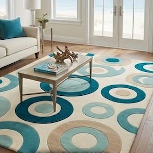 Modern Concentric Circle Area Rug - Luxury Teal Blue Beige Hand Tufted Wool Dot Carpet for Coastal Living Room Sofa Floor Decor