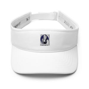 May include: A white visor with an adjustable strap and a dark blue graphic print on the front panel. The graphic features a stylised illustration of a person and the text "QUEENIECHA" printed below the image. The inner band has "110 FLEXFIT" text.