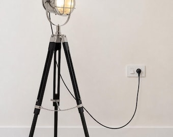 Handgefertigte Holz Stativ Stehlampe mit verstellbaren Chrom Spotlight, Vintage Studio Scheinwerfer Lampe für Wohnzimmer & Büro