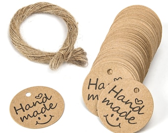 Kraft Paper "Hand Made" Smiley Face Retail Garment Tags w/ Twine for T-shirts, Apparel FREE SHIPPING!